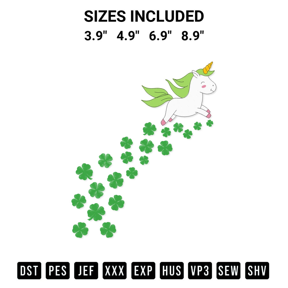 Transform your fabrics with the Unicorn Shamrock Clover Embroidery Design embroidery design. Instant access to premium digitized patterns at Designspacks.com. Available sizes: 3.9", 4.9", 6.9", 8.9".