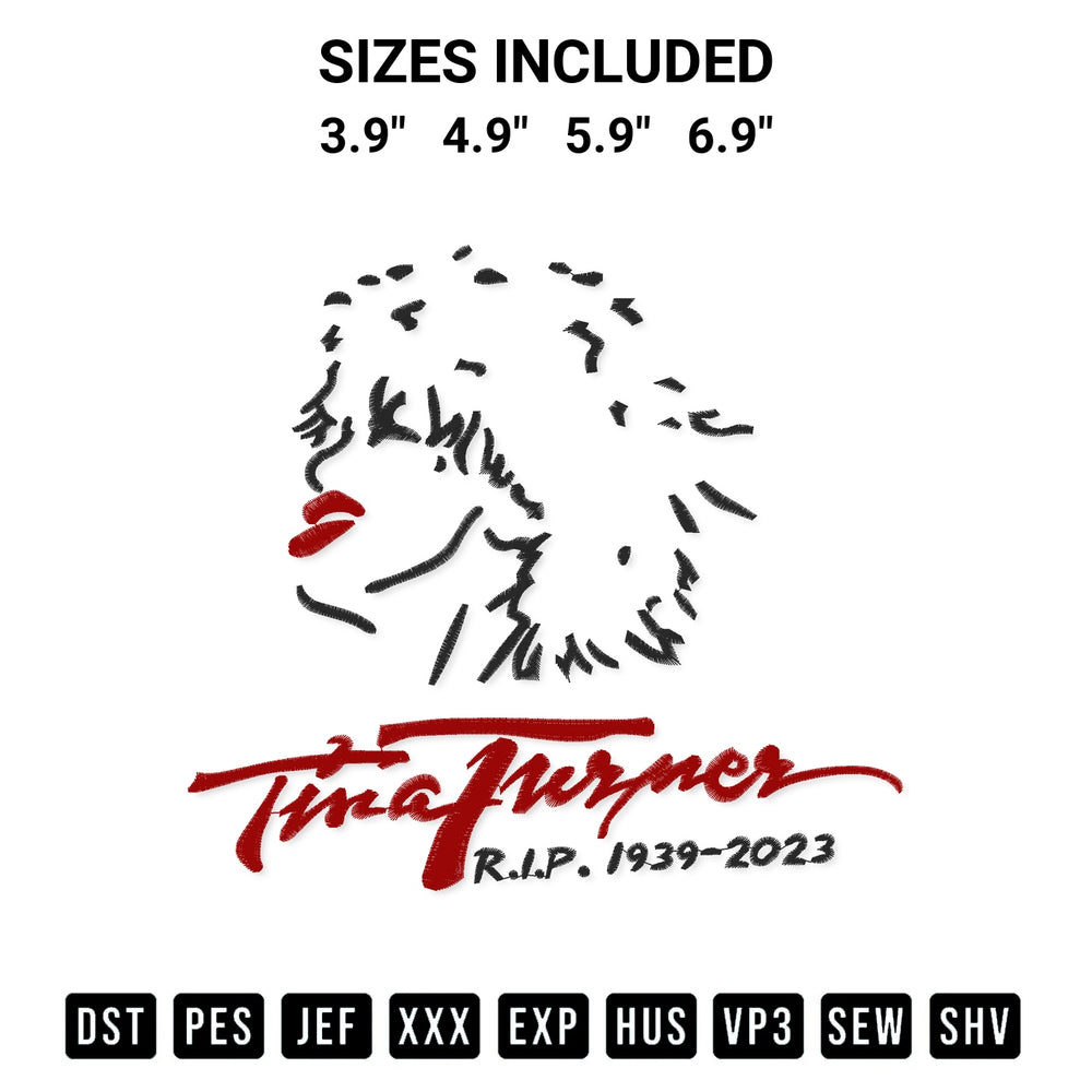 Elevate your next project with our Tina Turner Rip 1939 2023 Embroidery Design embroidery file. Shop high-quality digital patterns instantly at Designspacks.com. Available sizes: 3.9", 4.9", 5.9", 6.9".