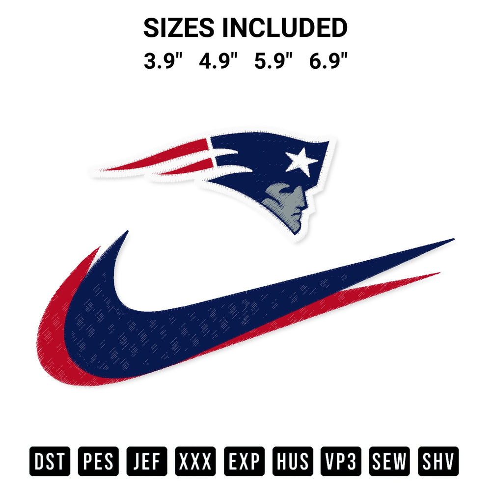 Add a unique touch to your apparel with the New England Patriots Swoosh Embroidery Design embroidery file. Premium instant download available now on Designspacks.com. Available sizes: 3.9", 4.9", 5.9", 6.9".