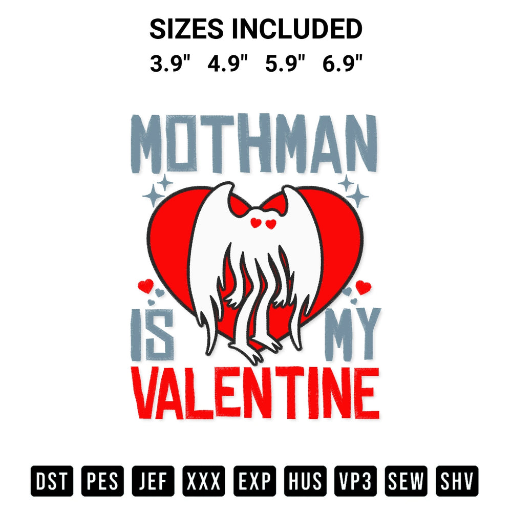Download the Mothman Is My Valentine Embroidery Design machine embroidery design exclusively at Designspacks.com. Premium digitized pattern for apparel and DIY crafts. Available sizes: 3.9", 4.9", 5.9", 6.9".