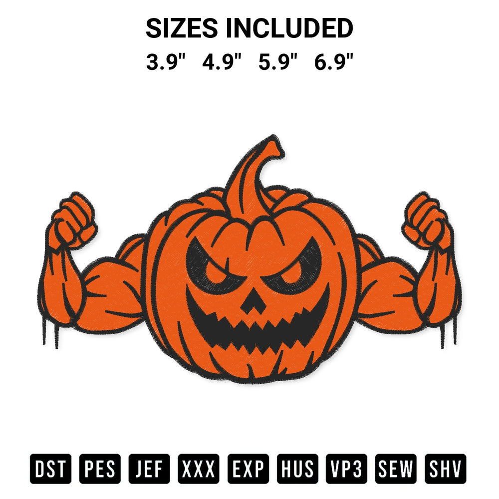 Transform your fabrics with the Pumpkin Muscle Gym Embroidery Design embroidery design. Instant access to premium digitized patterns at Designspacks.com. Available sizes: 3.9", 4.9", 5.9", 6.9".
