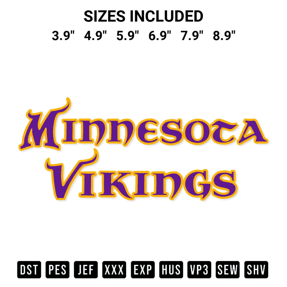 Stitch like a pro with the Minnesota Vikings Wordmark Embroidery Design embroidery pattern from Designspacks.com. High-quality digital machine embroidery file. Available sizes: 3.9", 4.9", 5.9", 6.9", 7.9", 8.9".