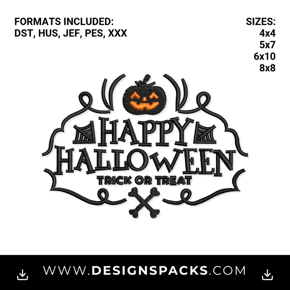 Happy Halloween Pumpkin Trick or Treat Embroidery Design - Instant digital download pattern at Designspacks.com