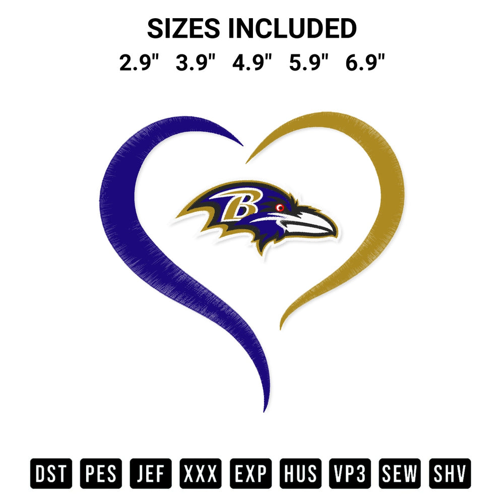 Shop the Baltimore Ravens Heart Embroidery Design machine embroidery pattern at Designspacks.com. Beautifully digitized for flawless stitching on any fabric. Available sizes: 2.9", 3.9", 4.9", 5.9", 6.9".