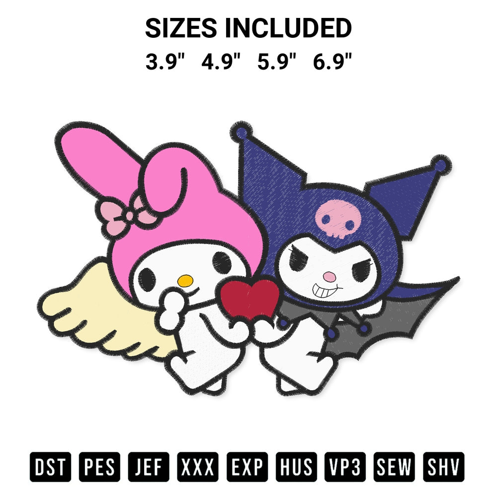Shop the Kuromi And My Melody Heart Embroidery Design machine embroidery pattern at Designspacks.com. Beautifully digitized for flawless stitching on any fabric. Available sizes: 3.9", 4.9", 5.9", 6.9".