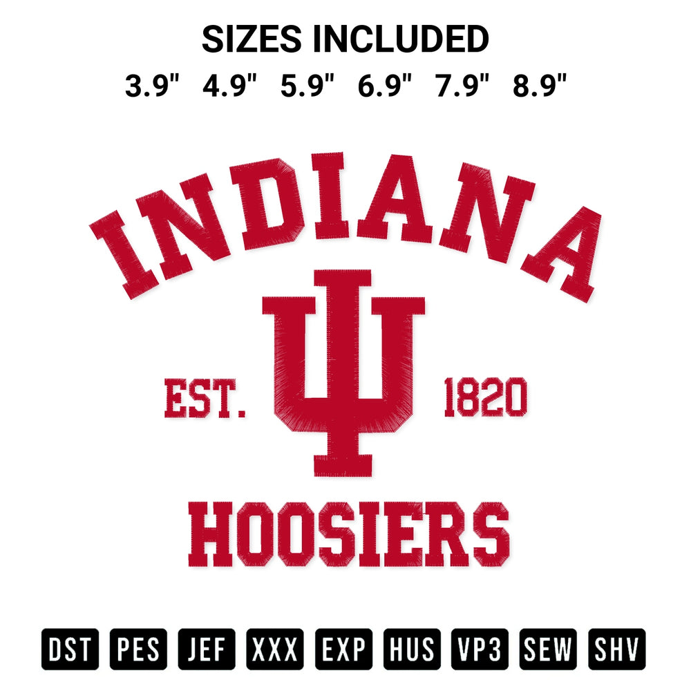 Transform your fabrics with the Indiana Hoosiers Est 1820 Embroidery Design embroidery design. Instant access to premium digitized patterns at Designspacks.com. Available sizes: 3.9", 4.9", 5.9", 6.9", 7.9", 8.9".