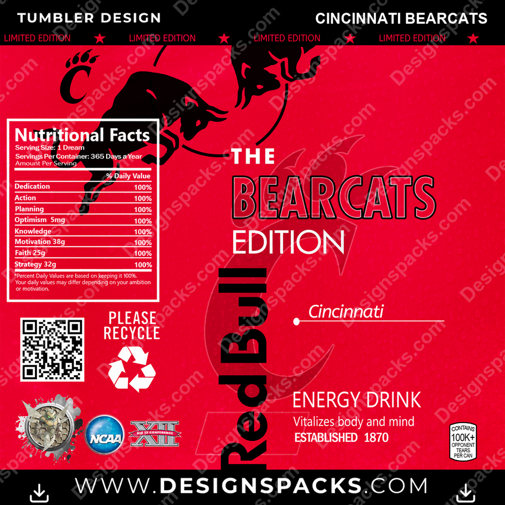 College Sport Red Bull Cincinnati Bearcats NCAA College Sport Tumbler Digital Wrap Design Download