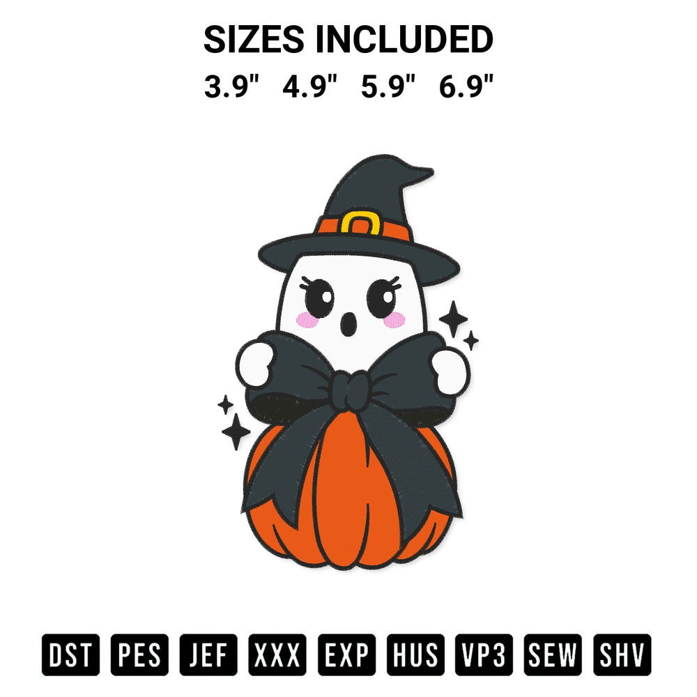 Create amazing crafts with the Ghost Witch Coquette Pumpkin Embroidery Design embroidery file. High-quality digital download from Designspacks.com, perfect for beginners and pros. Available sizes: 3.9", 4.9", 5.9", 6.9".