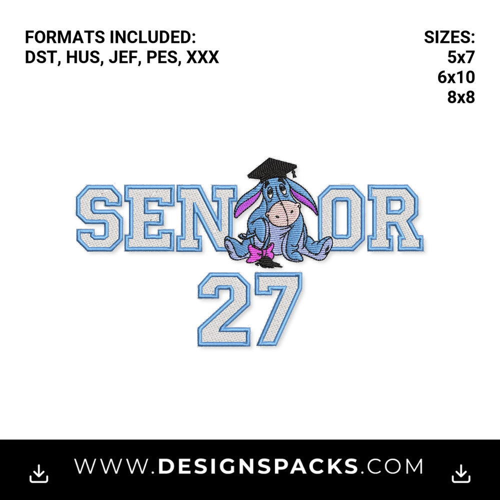 Senior 27 Eeyore Graduation Embroidery Design - Instant digital download pattern at Designspacks.com