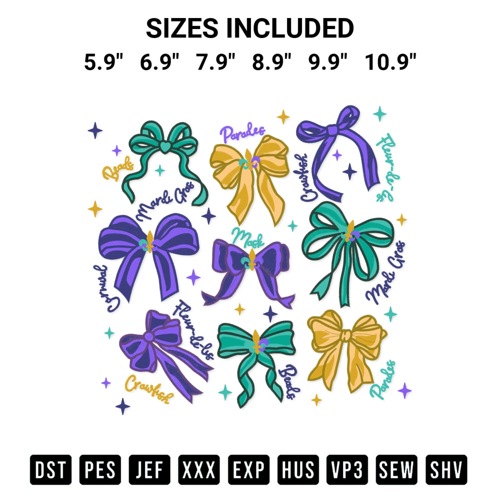 Shop the Coquette Bows Mardi Gras Embroidery Design machine embroidery pattern at Designspacks.com. Beautifully digitized for flawless stitching on any fabric. Available sizes: 5.9", 6.9", 7.9", 8.9", 9.9", 10.9".