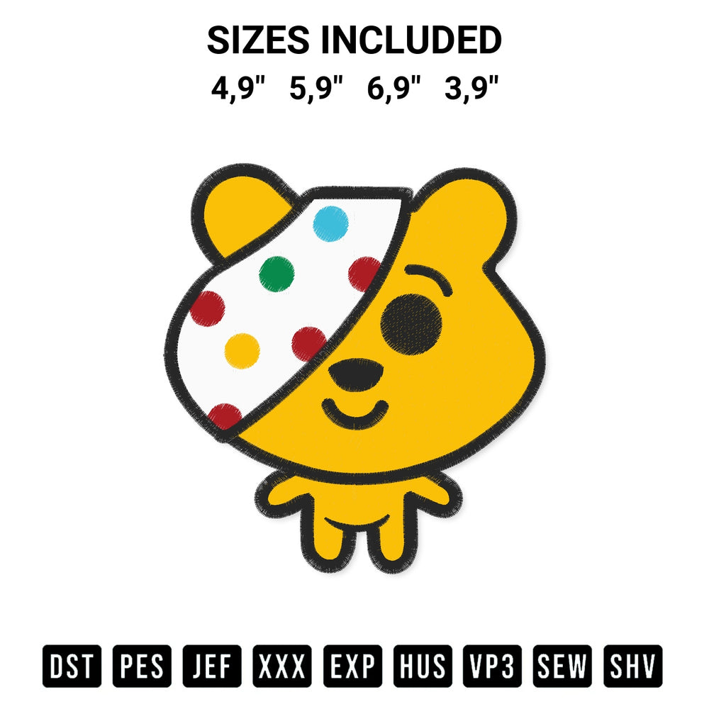 Stitch like a pro with the Pudsey Bear Children In Need Logo Embroidery Design embroidery pattern from Designspacks.com. High-quality digital machine embroidery file. Available sizes: 4,9", 5,9", 6,9", 3,9".