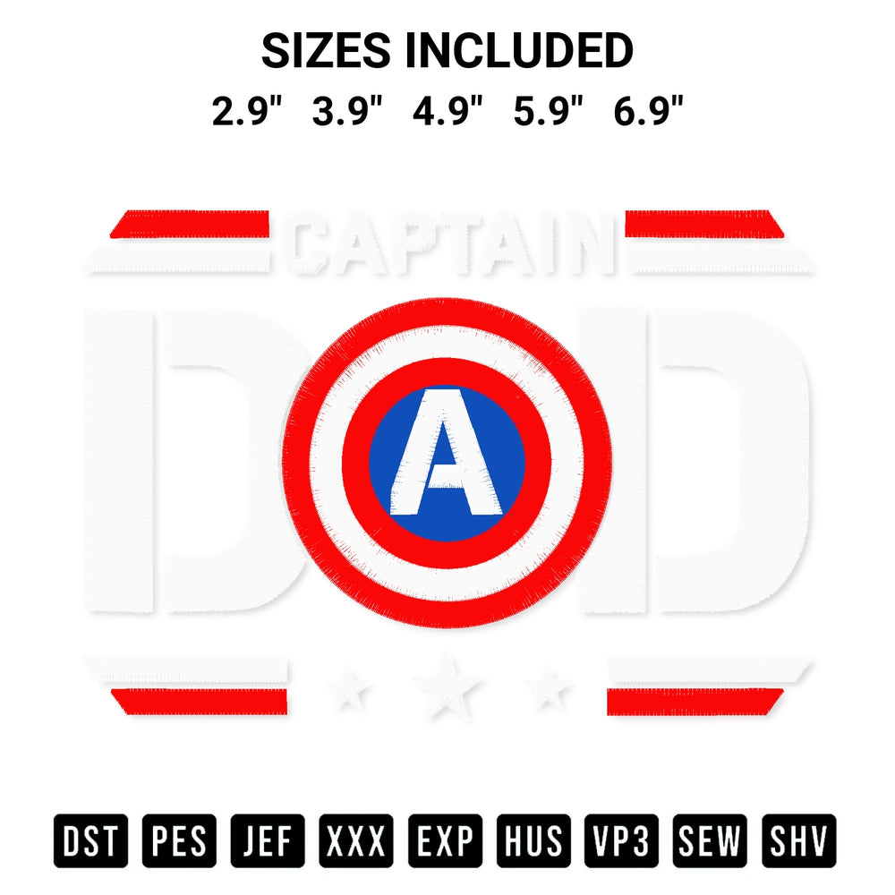 Create amazing crafts with the Captain Dad Embroidery Design embroidery file. High-quality digital download from Designspacks.com, perfect for beginners and pros. Available sizes: 2.9", 3.9", 4.9", 5.9", 6.9".