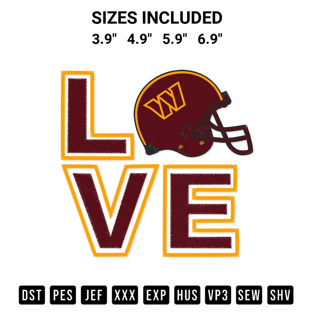 Discover the perfect addition to your crafting collection: Love Washington Commanders Embroidery Design embroidery file. Instantly available at Designspacks.com. Available sizes: 3.9", 4.9", 5.9", 6.9".