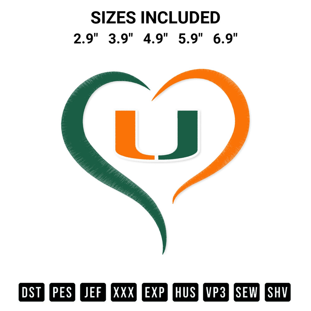 Looking for the perfect pattern? Download the Miami Hurricanes Heart Embroidery Design embroidery design today at Designspacks.com. Crisp, clean stitching guaranteed. Available sizes: 2.9", 3.9", 4.9", 5.9", 6.9".