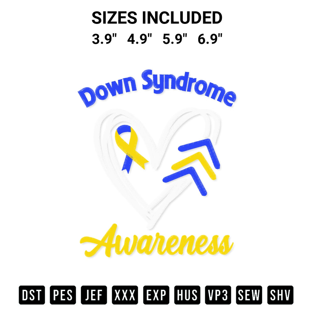 Create amazing crafts with the Down Syndrome Awareness Embroidery Design embroidery file. High-quality digital download from Designspacks.com, perfect for beginners and pros. Available sizes: 3.9", 4.9", 5.9", 6.9".