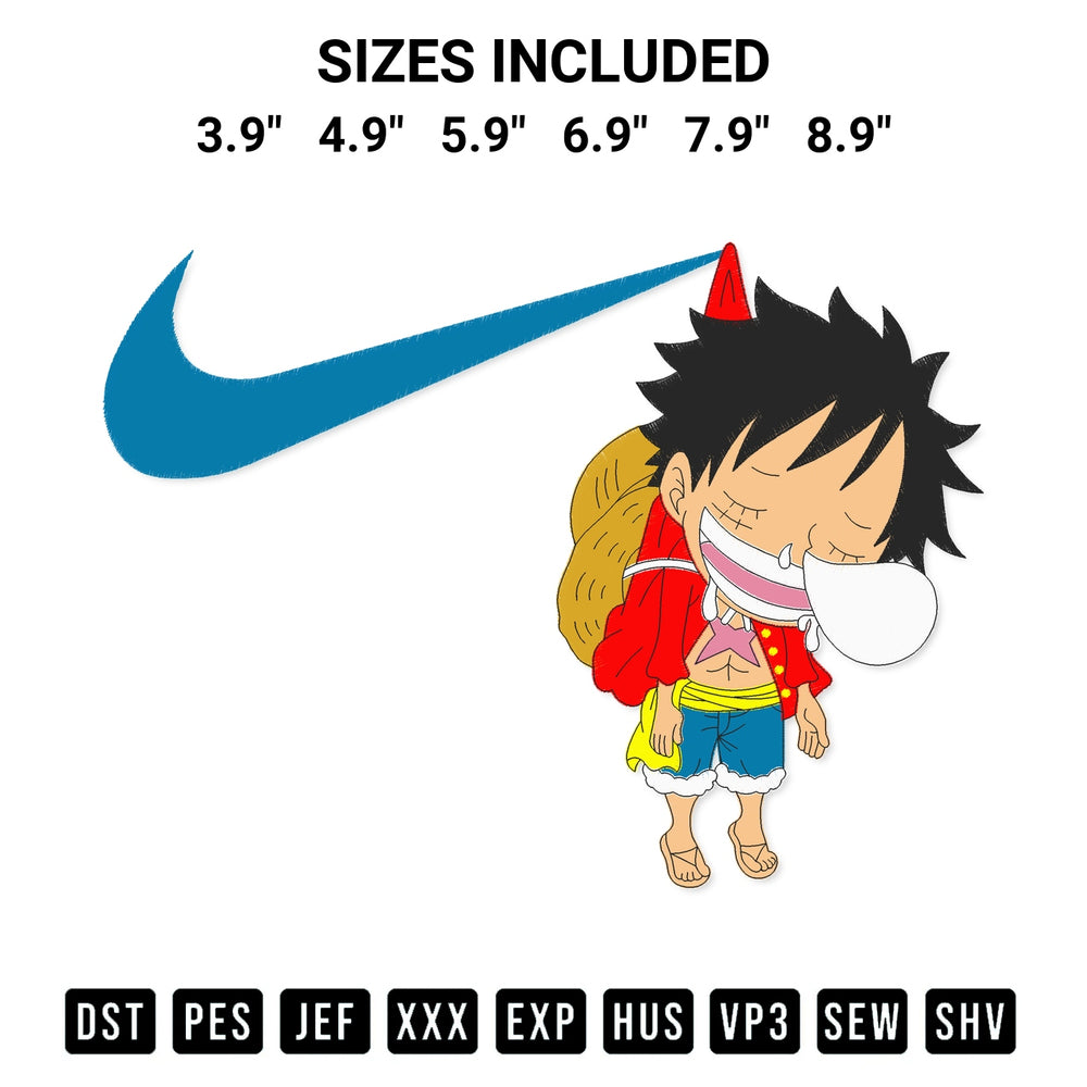 Discover the perfect addition to your crafting collection: Swoosh Luffy Stuck Embroidery Design embroidery file. Instantly available at Designspacks.com. Available sizes: 3.9", 4.9", 5.9", 6.9", 7.9", 8.9".