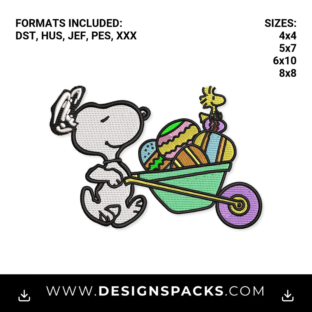 Easter Snoopy and Woodstock Wheelbarrow Embroidery Design - Instant digital download pattern at Designspacks.com