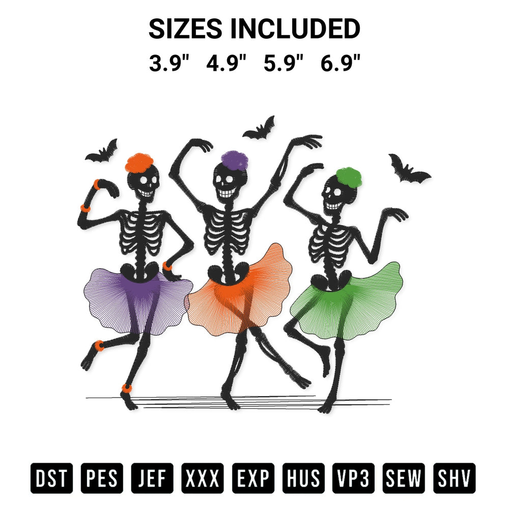 Add a unique touch to your apparel with the Skeleton Dancing Halloween Embroidery Design embroidery file. Premium instant download available now on Designspacks.com. Available sizes: 3.9", 4.9", 5.9", 6.9".