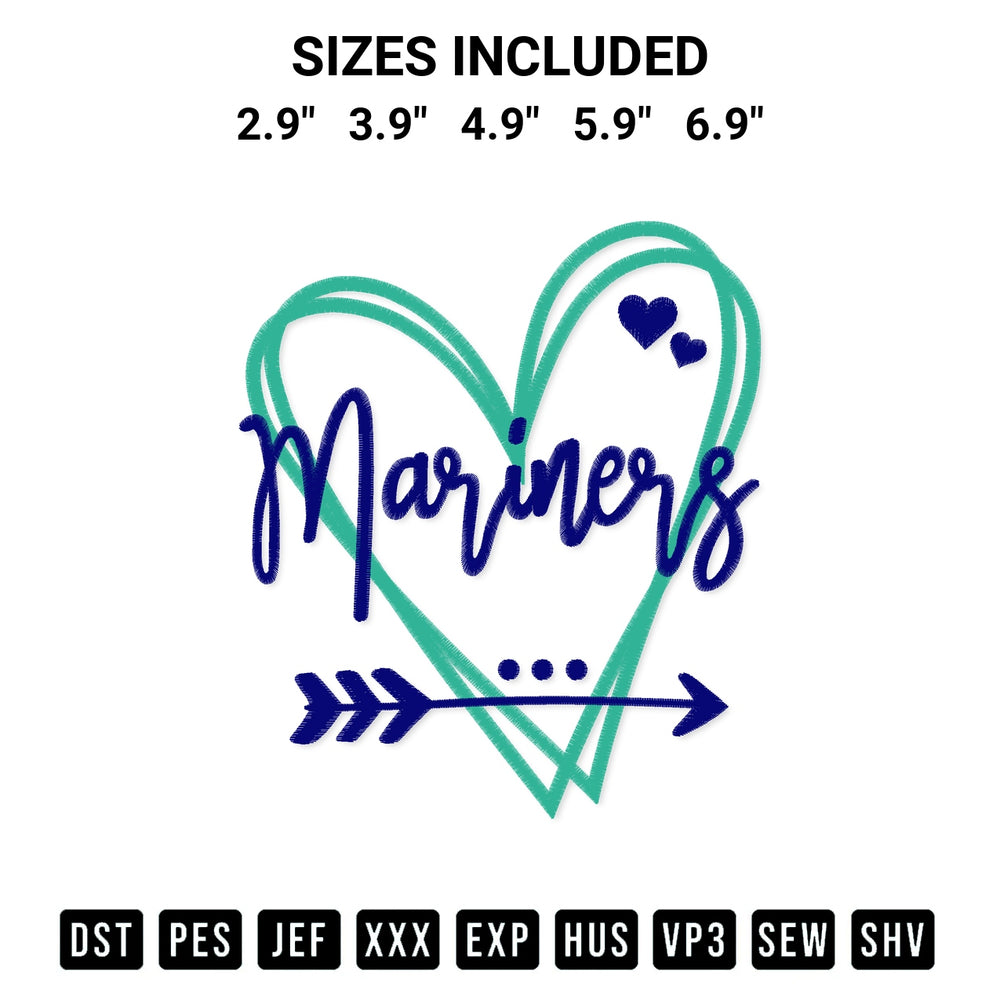 Add a unique touch to your apparel with the Seattle Mariners Heart Embroidery Design embroidery file. Premium instant download available now on Designspacks.com. Available sizes: 2.9", 3.9", 4.9", 5.9", 6.9".