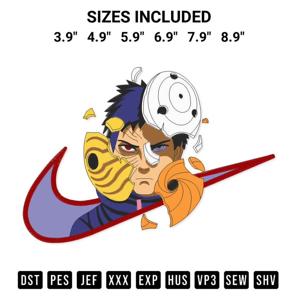 Create amazing crafts with the Swoosh Uchiha Obito Embroidery Design embroidery file. High-quality digital download from Designspacks.com, perfect for beginners and pros. Available sizes: 3.9", 4.9", 5.9", 6.9", 7.9", 8.9".