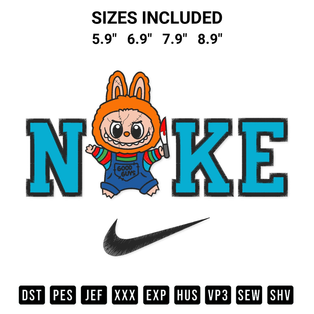 Elevate your next project with our Nike Chucky Labubu Embroidery Design embroidery file. Shop high-quality digital patterns instantly at Designspacks.com. Available sizes: 5.9", 6.9", 7.9", 8.9".