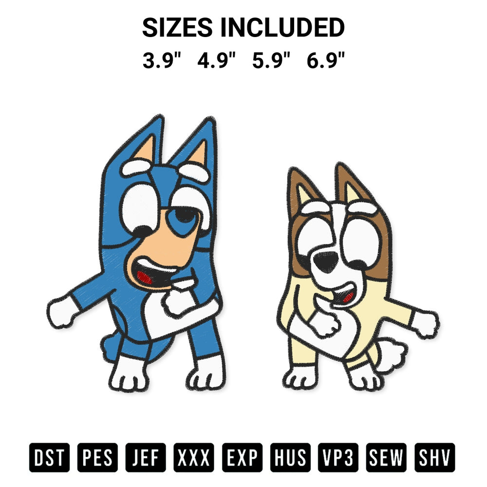 Discover the perfect addition to your crafting collection: Bluey And Bingo Disney Embroidery Design embroidery file. Instantly available at Designspacks.com. Available sizes: 3.9", 4.9", 5.9", 6.9".