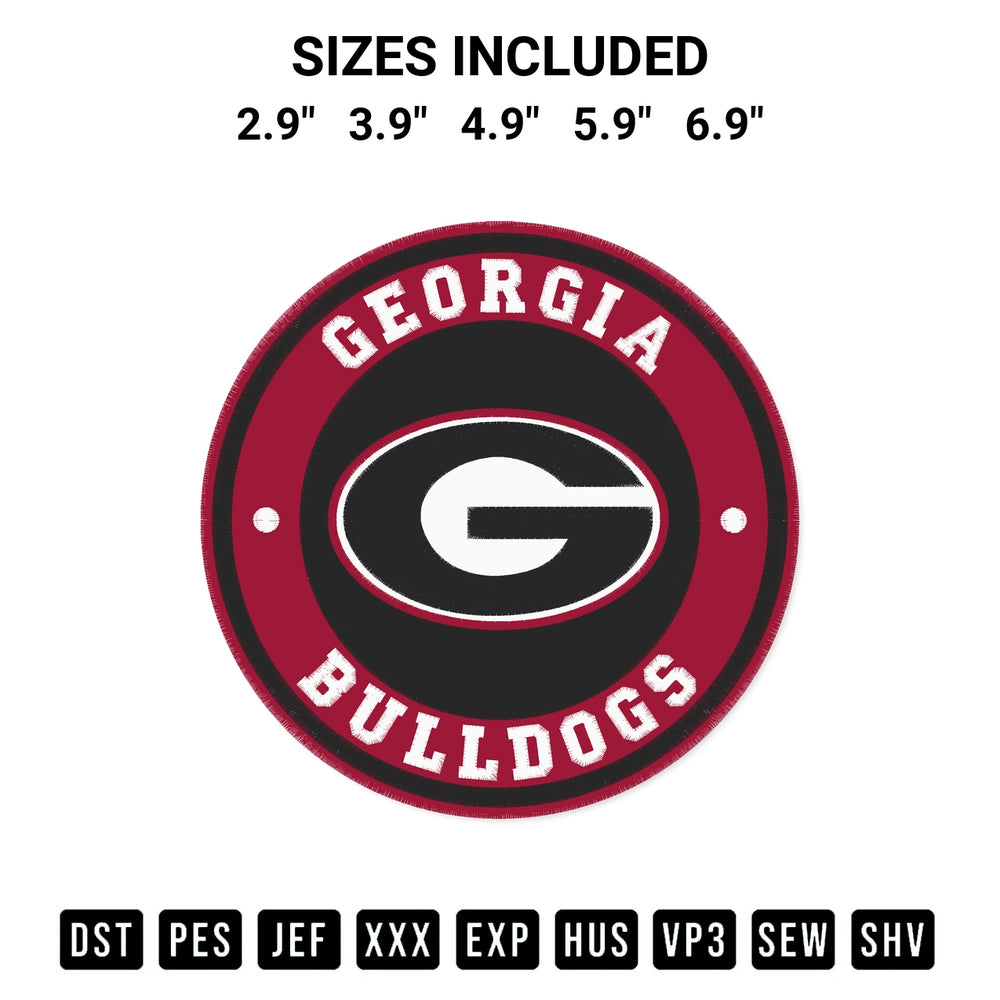 Create amazing crafts with the Georgia Bulldogs Circle Logo Embroidery Design embroidery file. High-quality digital download from Designspacks.com, perfect for beginners and pros. Available sizes: 2.9", 3.9", 4.9", 5.9", 6.9".