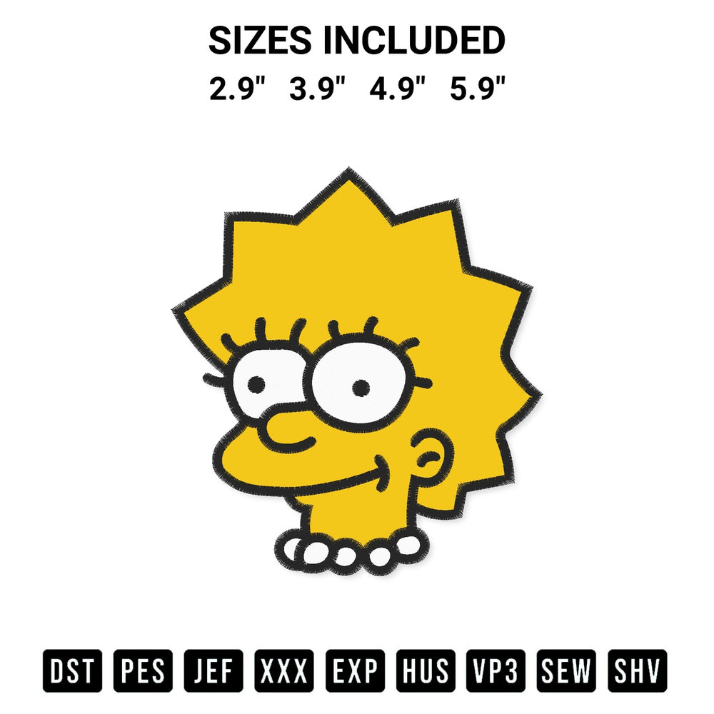 Get the Lisa Simpson Face Embroidery Design embroidery design for your custom crafts! Premium digitized files available for instant download at Designspacks.com. Available sizes: 2.9", 3.9", 4.9", 5.9".