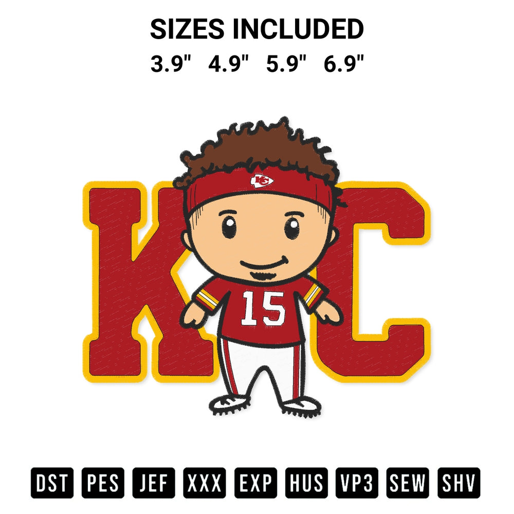 Stitch like a pro with the Patrick Mahomes Chibi Kansas City Chiefs Mahomes Red Kingdom Embroidery Design embroidery pattern from Designspacks.com. High-quality digital machine embroidery file. Available sizes: 3.9", 4.9", 5.9", 6.9".