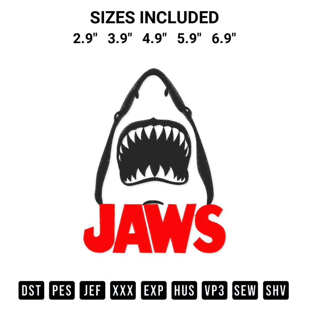 Shop the Jaws Shark Movie Embroidery Design machine embroidery pattern at Designspacks.com. Beautifully digitized for flawless stitching on any fabric. Available sizes: 2.9", 3.9", 4.9", 5.9", 6.9".