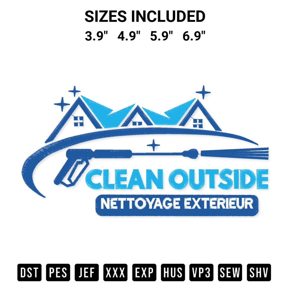 Download the Clean Outside Nettoyage Exterieur Embroidery Design machine embroidery design exclusively at Designspacks.com. Premium digitized pattern for apparel and DIY crafts. Available sizes: 3.9", 4.9", 5.9", 6.9".