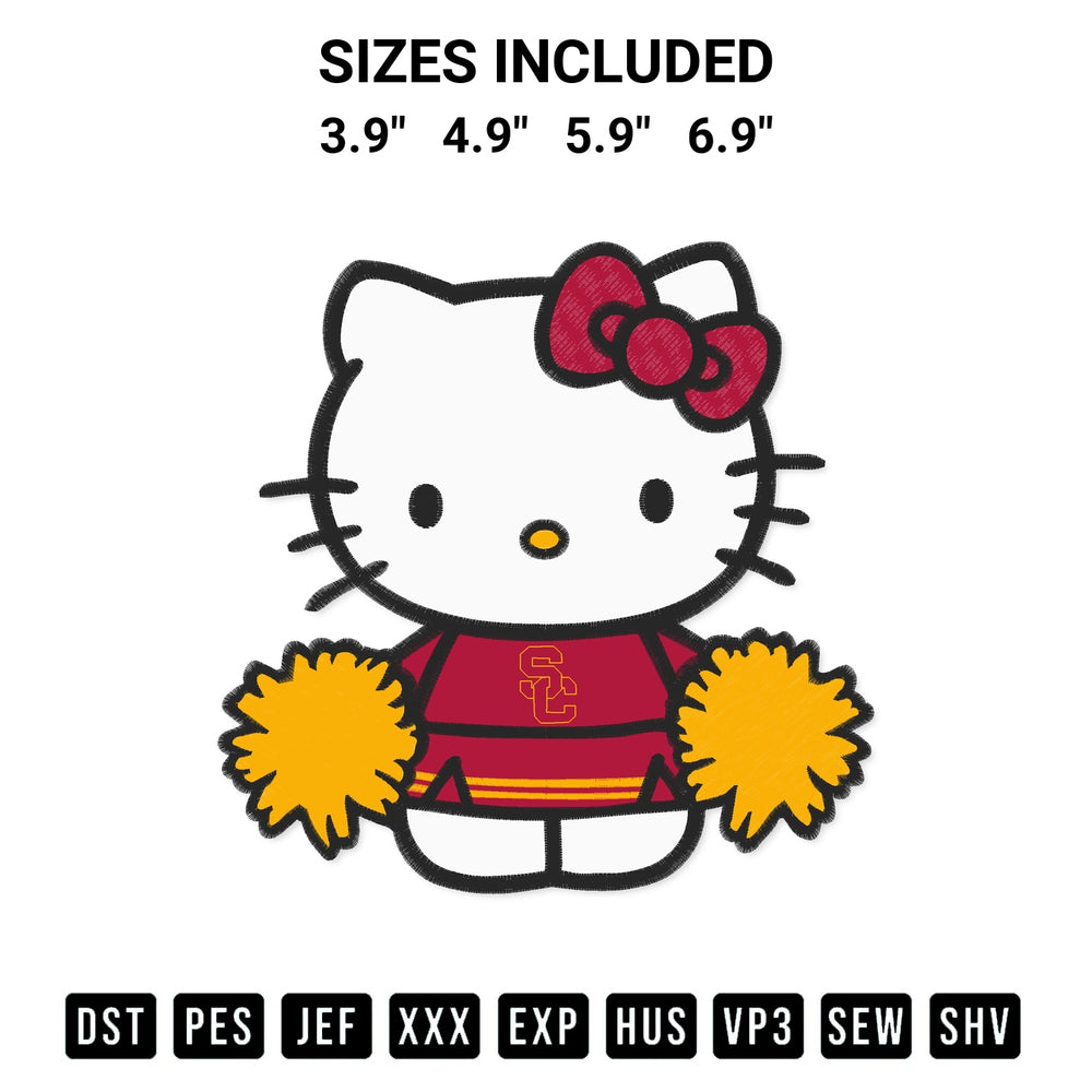Add a unique touch to your apparel with the Hello Kitty Cheerleader Usc Trojans Embroidery Design embroidery file. Premium instant download available now on Designspacks.com. Available sizes: 3.9", 4.9", 5.9", 6.9".