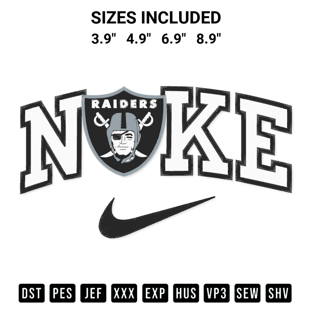 Download the Oakland Raiders X Nike Embroidery Design machine embroidery design exclusively at Designspacks.com. Premium digitized pattern for apparel and DIY crafts. Available sizes: 3.9", 4.9", 6.9", 8.9".