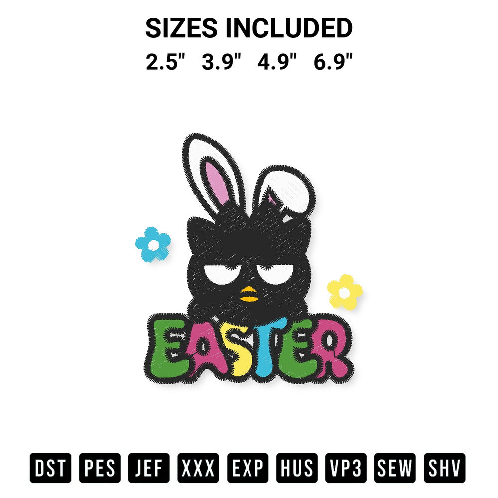 Stitch like a pro with the Badtz Maru Easter Bunny Embroidery Design embroidery pattern from Designspacks.com. High-quality digital machine embroidery file. Available sizes: 2.5", 3.9", 4.9", 6.9".
