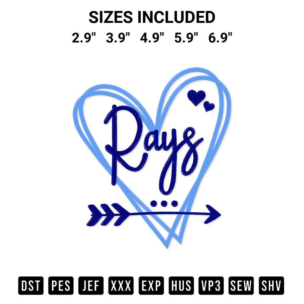 Download the Tampa Bay Rays Heart Embroidery Design machine embroidery design exclusively at Designspacks.com. Premium digitized pattern for apparel and DIY crafts. Available sizes: 2.9", 3.9", 4.9", 5.9", 6.9".