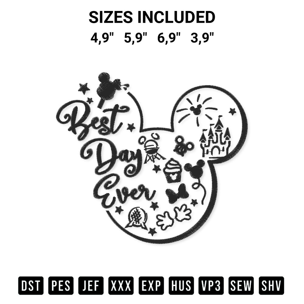 Transform your fabrics with the Best Day Ever Disney Logo Embroidery Design embroidery design. Instant access to premium digitized patterns at Designspacks.com. Available sizes: 4,9", 5,9", 6,9", 3,9".