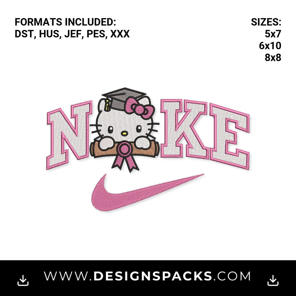 Pink Hello Kitty Graduation Swoosh Embroidery Design - Instant digital download pattern at Designspacks.com