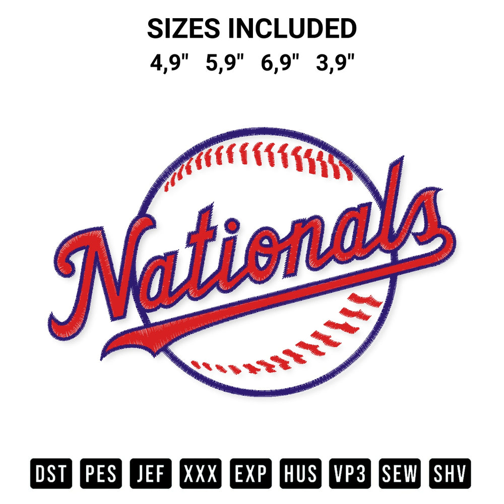 Stitch like a pro with the Nationals Logo Embroidery Design embroidery pattern from Designspacks.com. High-quality digital machine embroidery file. Available sizes: 4,9", 5,9", 6,9", 3,9".