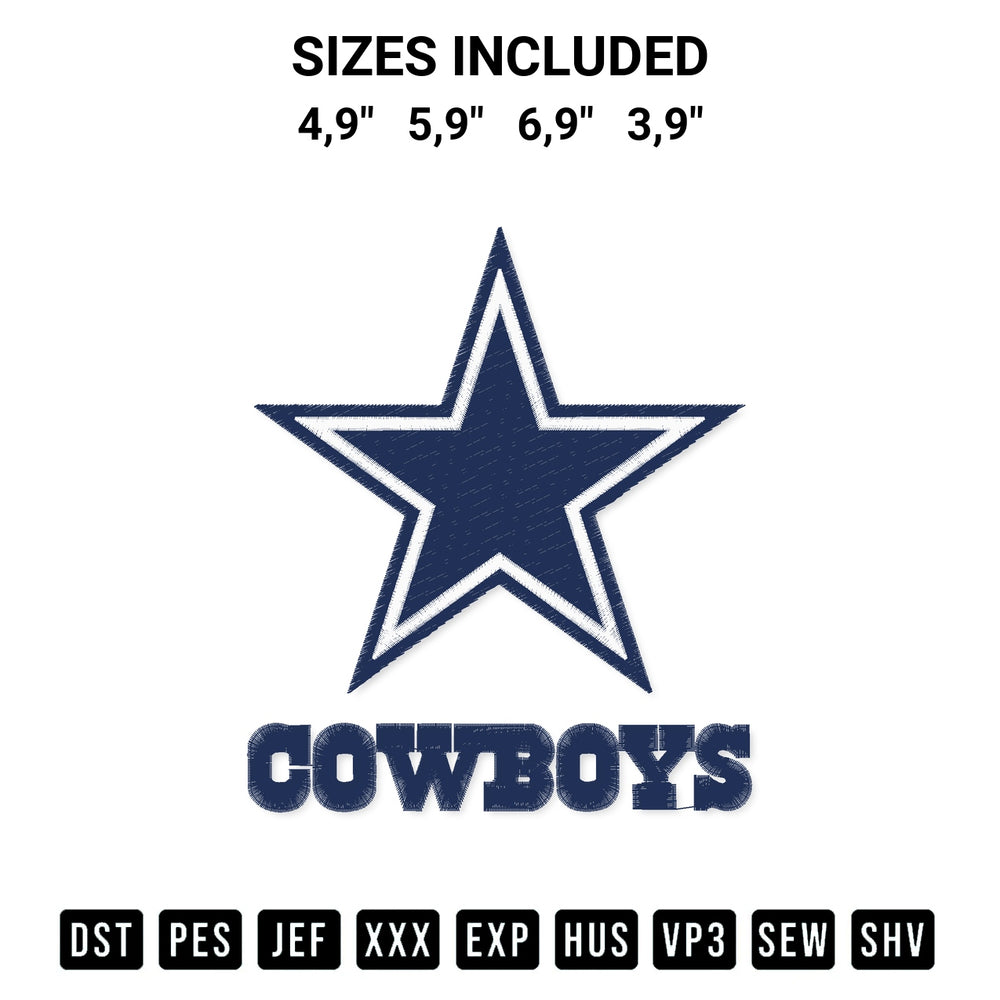 Shop the Dallas Cowboys Star Logo Embroidery Design machine embroidery pattern at Designspacks.com. Beautifully digitized for flawless stitching on any fabric. Available sizes: 4,9", 5,9", 6,9", 3,9".