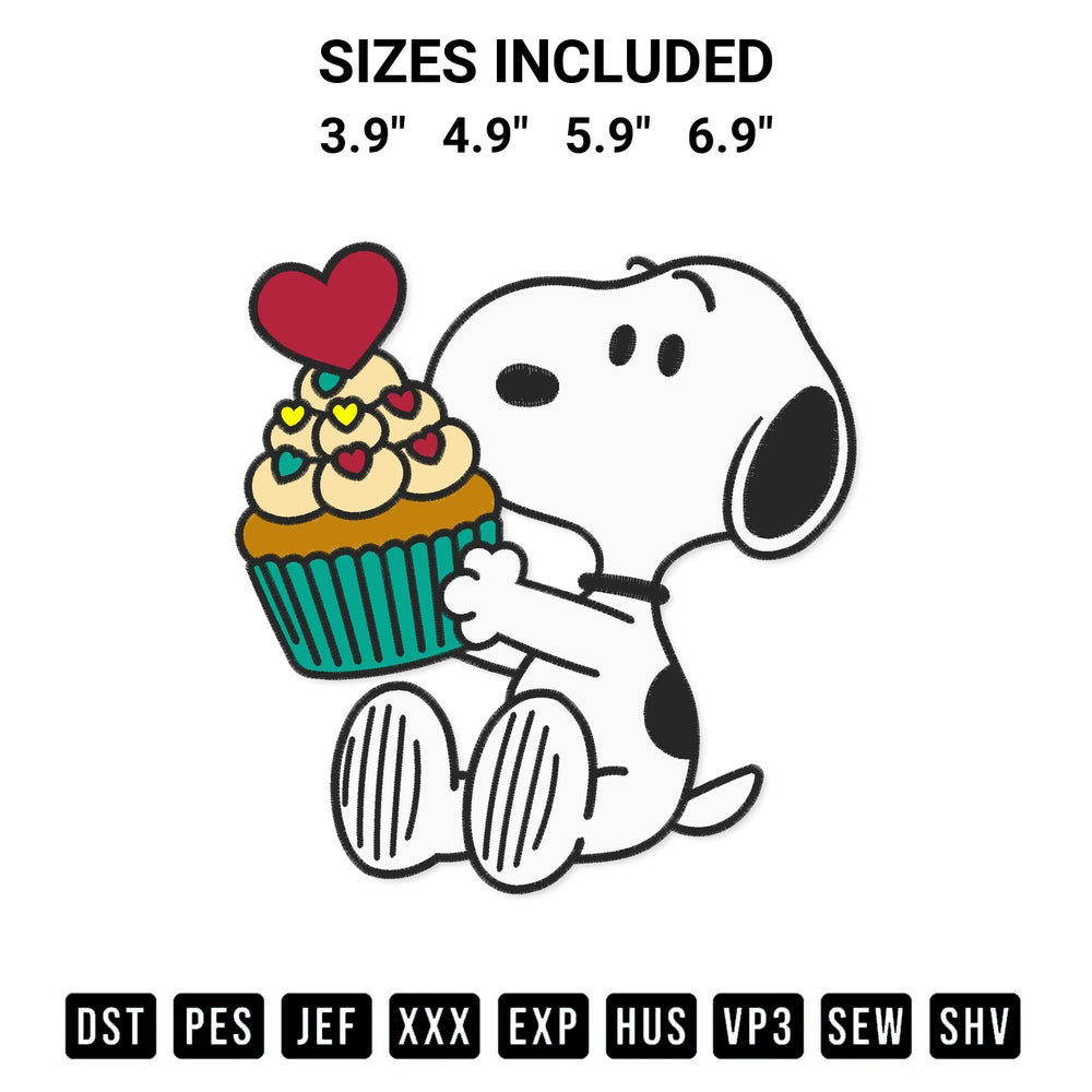 Create amazing crafts with the Snoopy Heart Cupcake Embroidery Design embroidery file. High-quality digital download from Designspacks.com, perfect for beginners and pros. Available sizes: 3.9", 4.9", 5.9", 6.9".