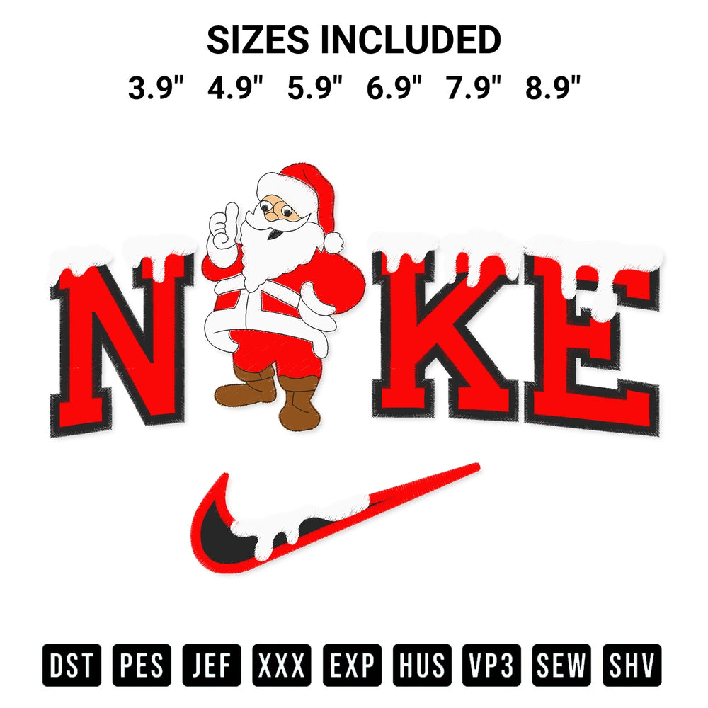 Create amazing crafts with the Nike Santa Claus Christmas Embroidery Design embroidery file. High-quality digital download from Designspacks.com, perfect for beginners and pros. Available sizes: 3.9", 4.9", 5.9", 6.9", 7.9", 8.9".