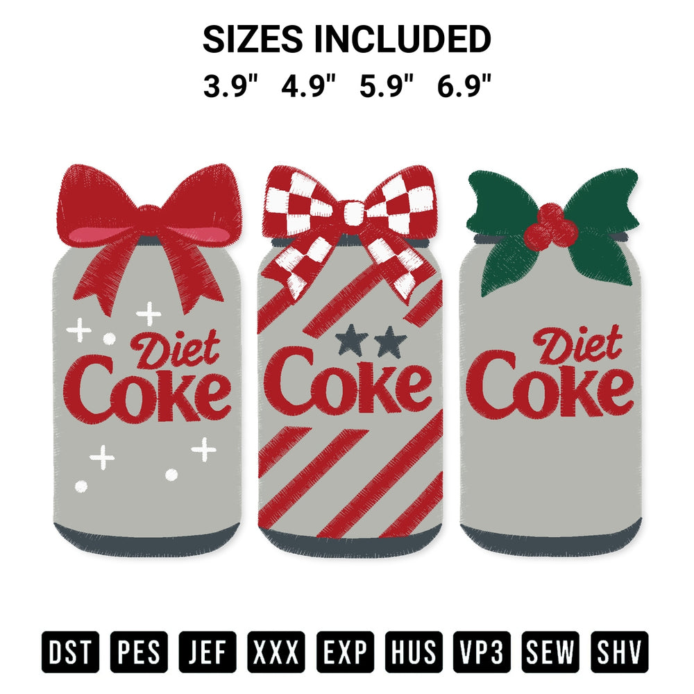 Discover the perfect addition to your crafting collection: Christmas Diet Coke Bow Embroidery Design embroidery file. Instantly available at Designspacks.com. Available sizes: 3.9", 4.9", 5.9", 6.9".