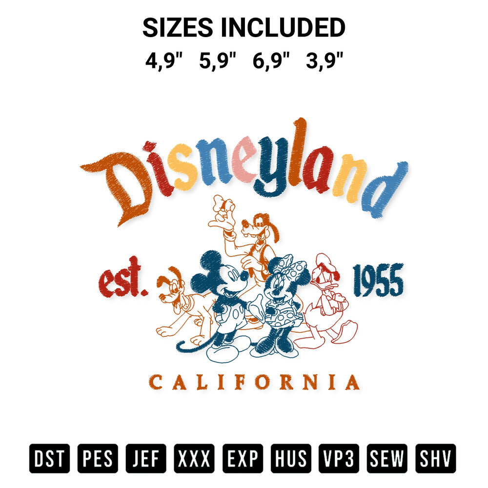 Looking for the perfect pattern? Download the Disneyland Est 1955 California Logo Embroidery Design embroidery design today at Designspacks.com. Crisp, clean stitching guaranteed. Available sizes: 4,9", 5,9", 6,9", 3,9".