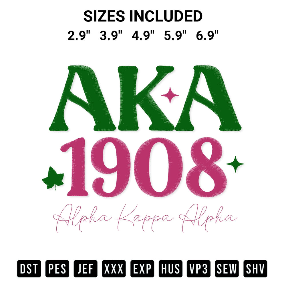 Shop the Aka 1908 Alpha Kappa Alpha Embroidery Design machine embroidery pattern at Designspacks.com. Beautifully digitized for flawless stitching on any fabric. Available sizes: 2.9", 3.9", 4.9", 5.9", 6.9".
