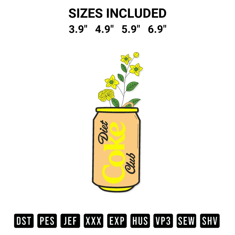 Discover the perfect addition to your crafting collection: Diet Coke Flower Yellow Embroidery Design embroidery file. Instantly available at Designspacks.com. Available sizes: 3.9", 4.9", 5.9", 6.9".