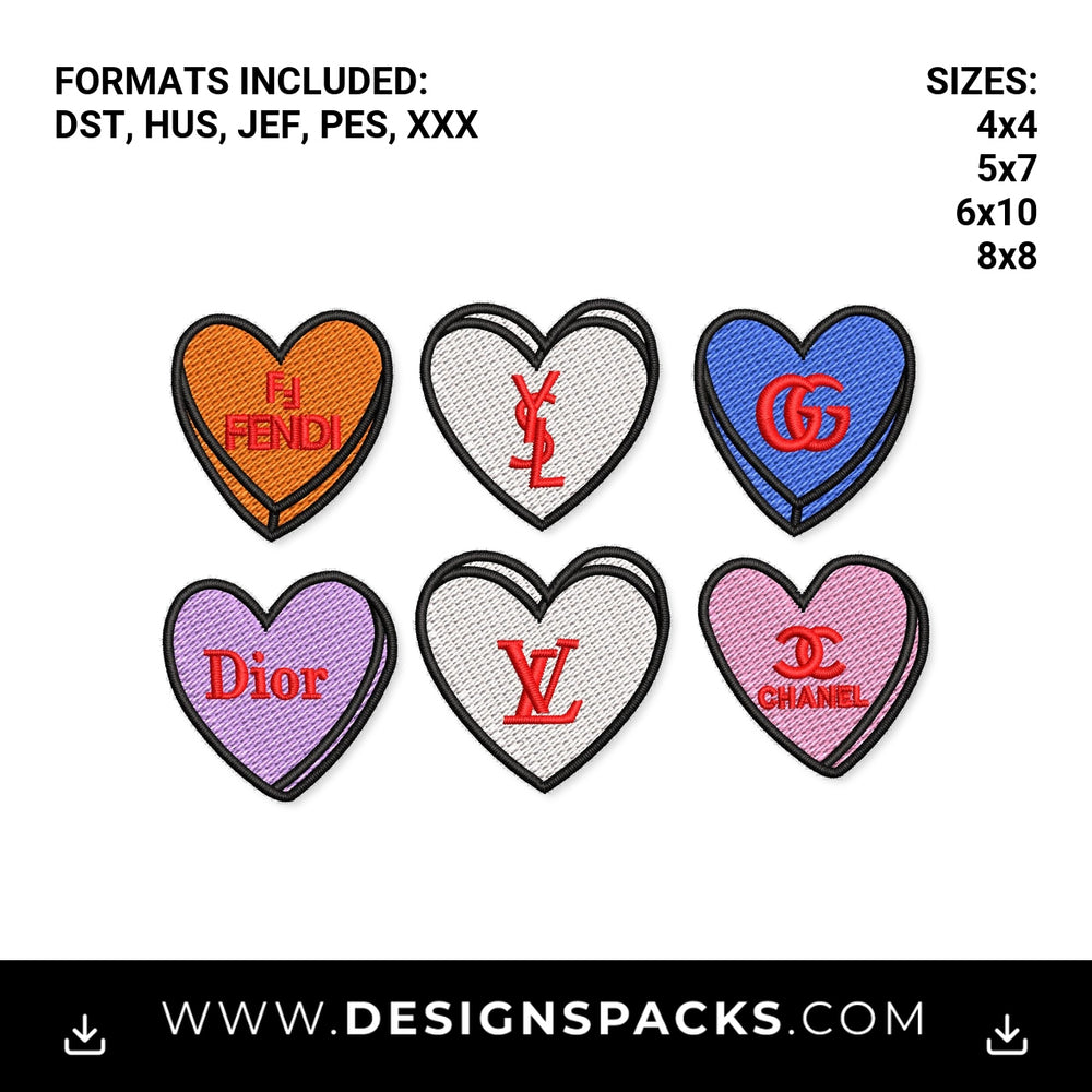 Luxury Fashion Brand Candy Hearts Embroidery Design - Instant digital download pattern at Designspacks.com