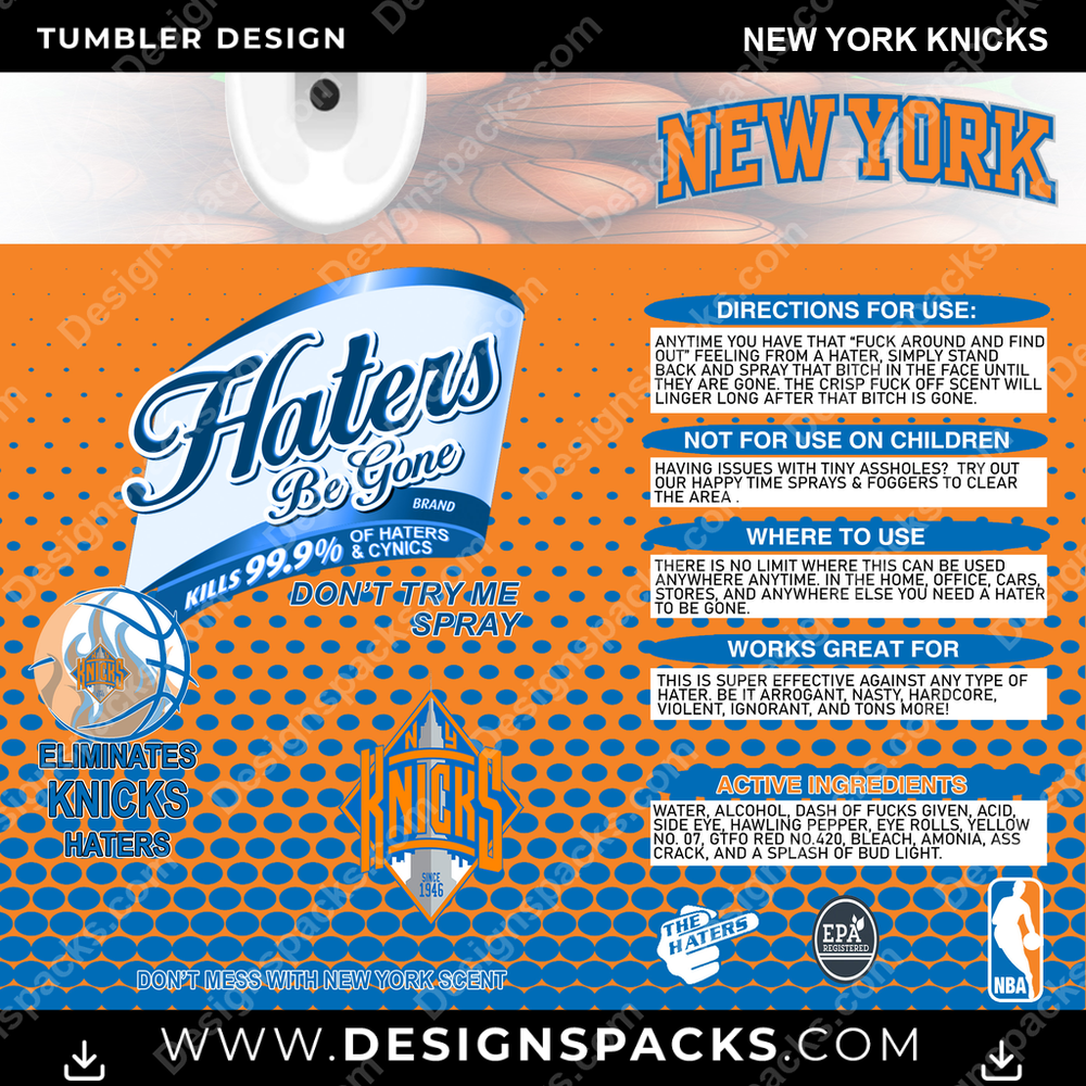 Basketball Haters Be Gone New York Knicks NBA Basketball Tumbler Digital Wrap Design Download