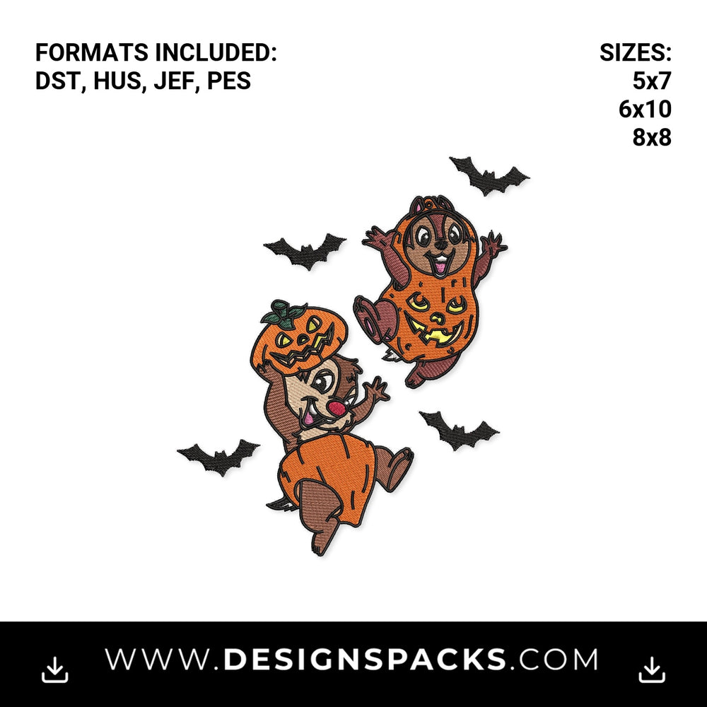 Chip and Dale Halloween Pumpkin Costumes Embroidery Design - Instant digital download pattern at Designspacks.com