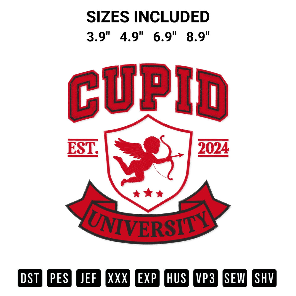 Get the Cupid University Est 2024 Embroidery Design embroidery design for your custom crafts! Premium digitized files available for instant download at Designspacks.com. Available sizes: 3.9", 4.9", 6.9", 8.9".