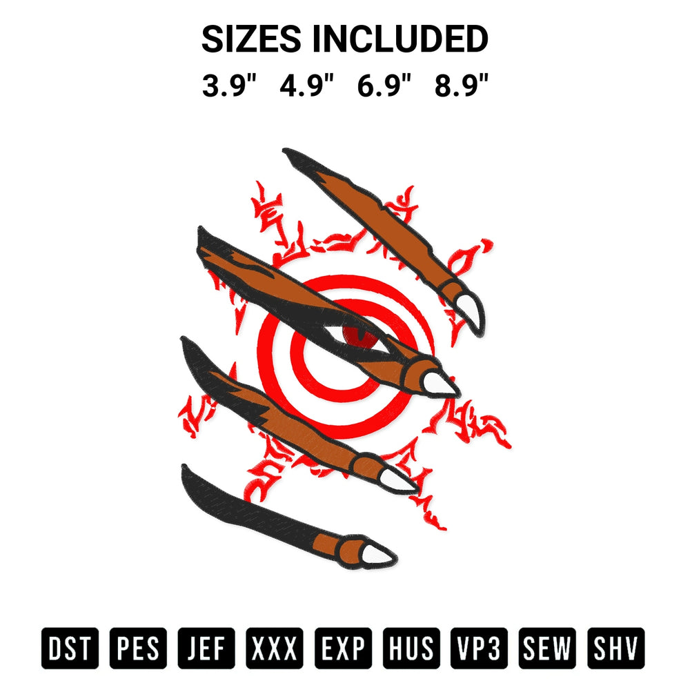 Discover the perfect addition to your crafting collection: Kurama Kyuubi Claw Seal Embroidery Design embroidery file. Instantly available at Designspacks.com. Available sizes: 3.9", 4.9", 6.9", 8.9".